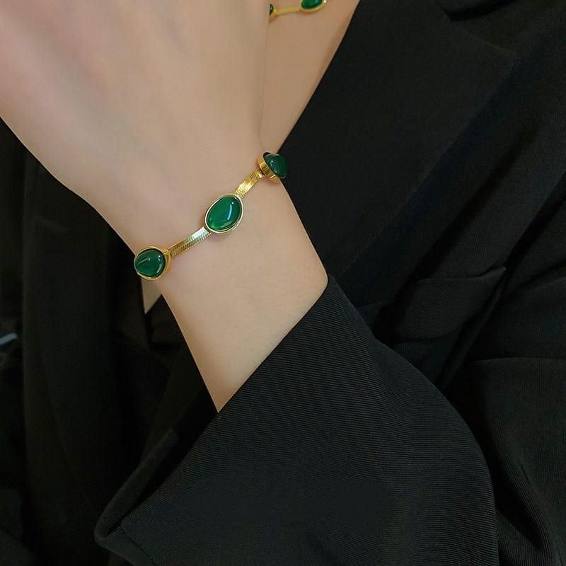 Oval Green Crystal Pendant Necklace Set With Bracelet q7hsx8-11