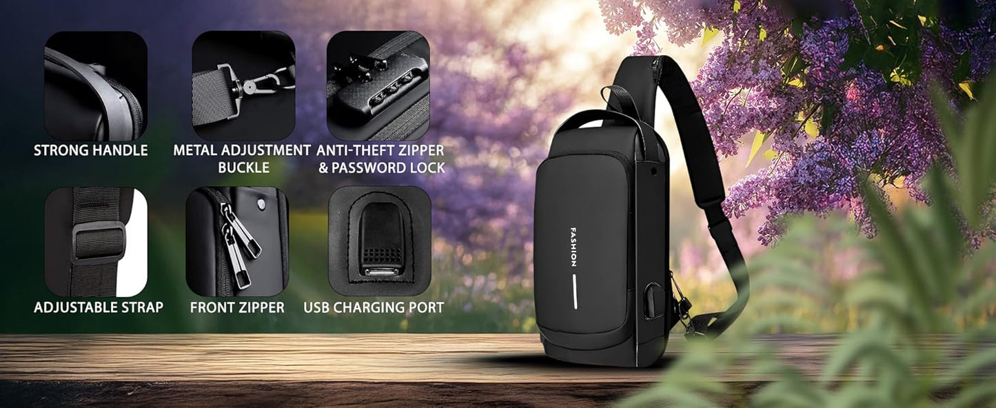 Crossbody Sling Bag for Men Women, Anti-Theft Fashion Chest Bag with Usb Charging Port, Messenger Bags, Waterproof Casual Shoulder Bag 18057