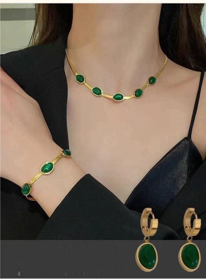 Oval Green Crystal Pendant Necklace Set With Bracelet q7hsx8-11
